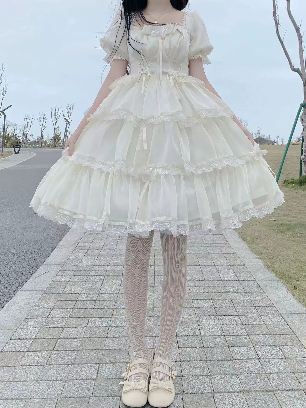 Elegant White Lolita Dress with Ruffled Skirt and Sheer Stockings - Vintage Whimsy for Every Occasion  JSK&OP