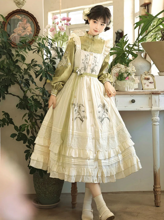 Vintage - style Green and White Layered Lolita Dress with Floral Embroidery