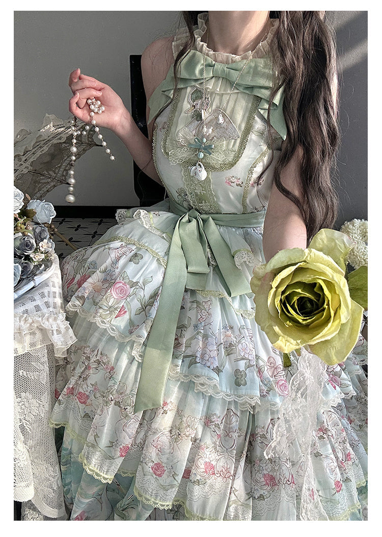 Elegant Vintage Floral Lolita JSK with Ruffled Details and Adjustable Waist Ties