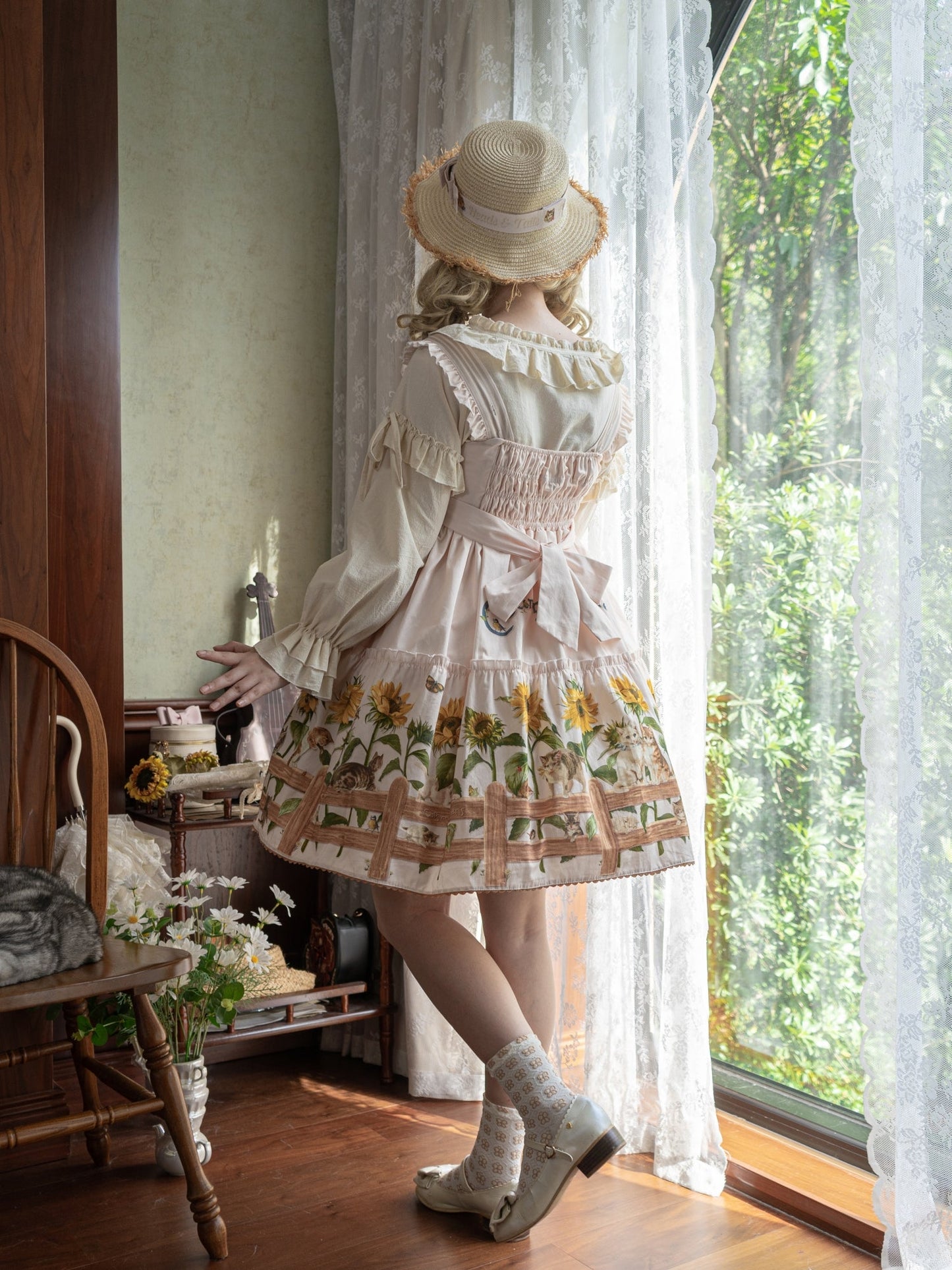 Sunflower Paradise: Cat and Sunflower JSK Lolita with a Big Skirt
