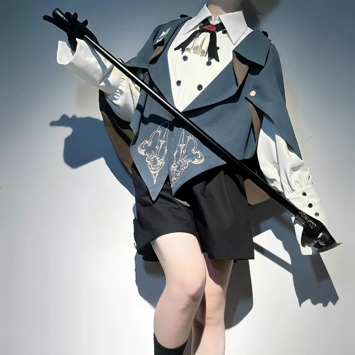 Gothic Knight-Inspired Midnight Silver-Embroidered Cloak Vest with Trousers Set