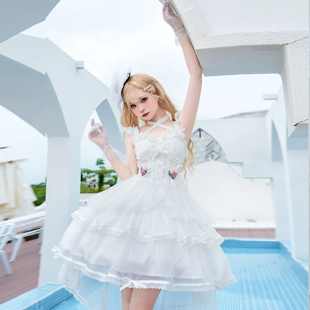 Elegant, lightweight wedding-style Lolita dress with a ballet-girl silhouette and ruffled details, inspired by cotton-candy motifs