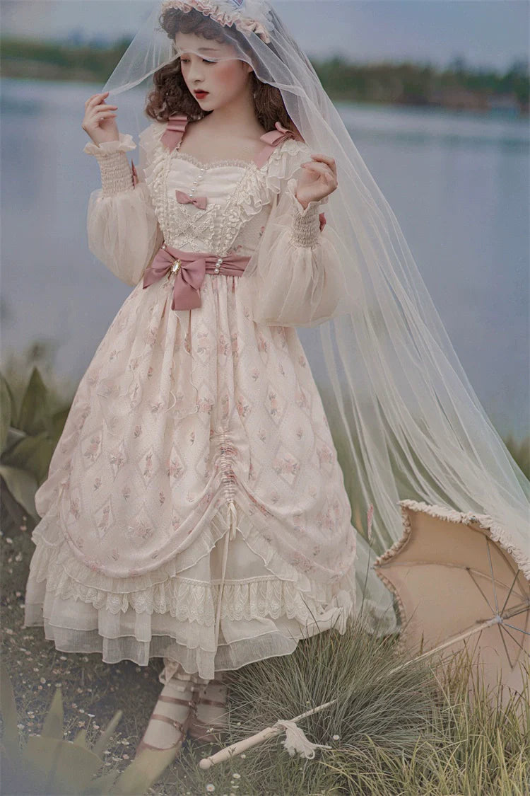 Elegant Cream Lolita Dress with Floral Embroidery and Ruffled Skirt - Perfect for Tea Parties and Special Occasions