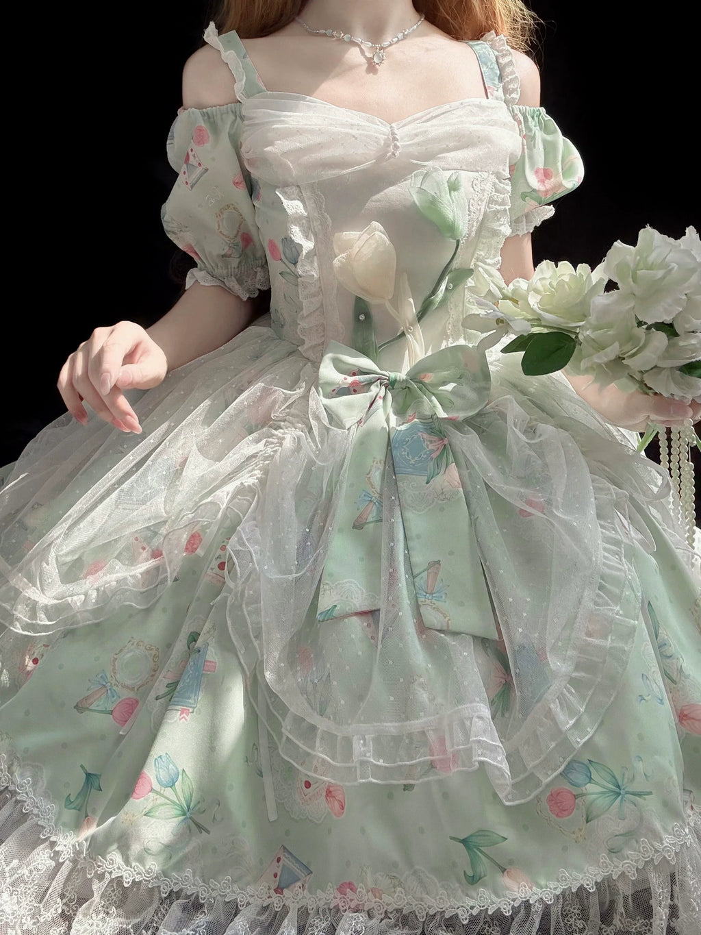 Vintage-Sweet Style Arrives! Mint-Green Print Lolita Dress with Lace Trim – Create a Retro-Sweet Girl Look