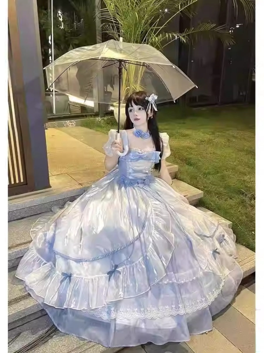 Blue Adult Formal Dress, Big Flower Bridal Lolita Dress, OP Lolita, Gorgeous Escaping Puffy Tailed Princess Dress