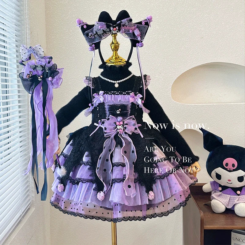 Elegant Black and Purple Lolita Dress for Girls - Intricate Lace and Ruffled Skirt - Perfect for Tea Parties and Special Occasions