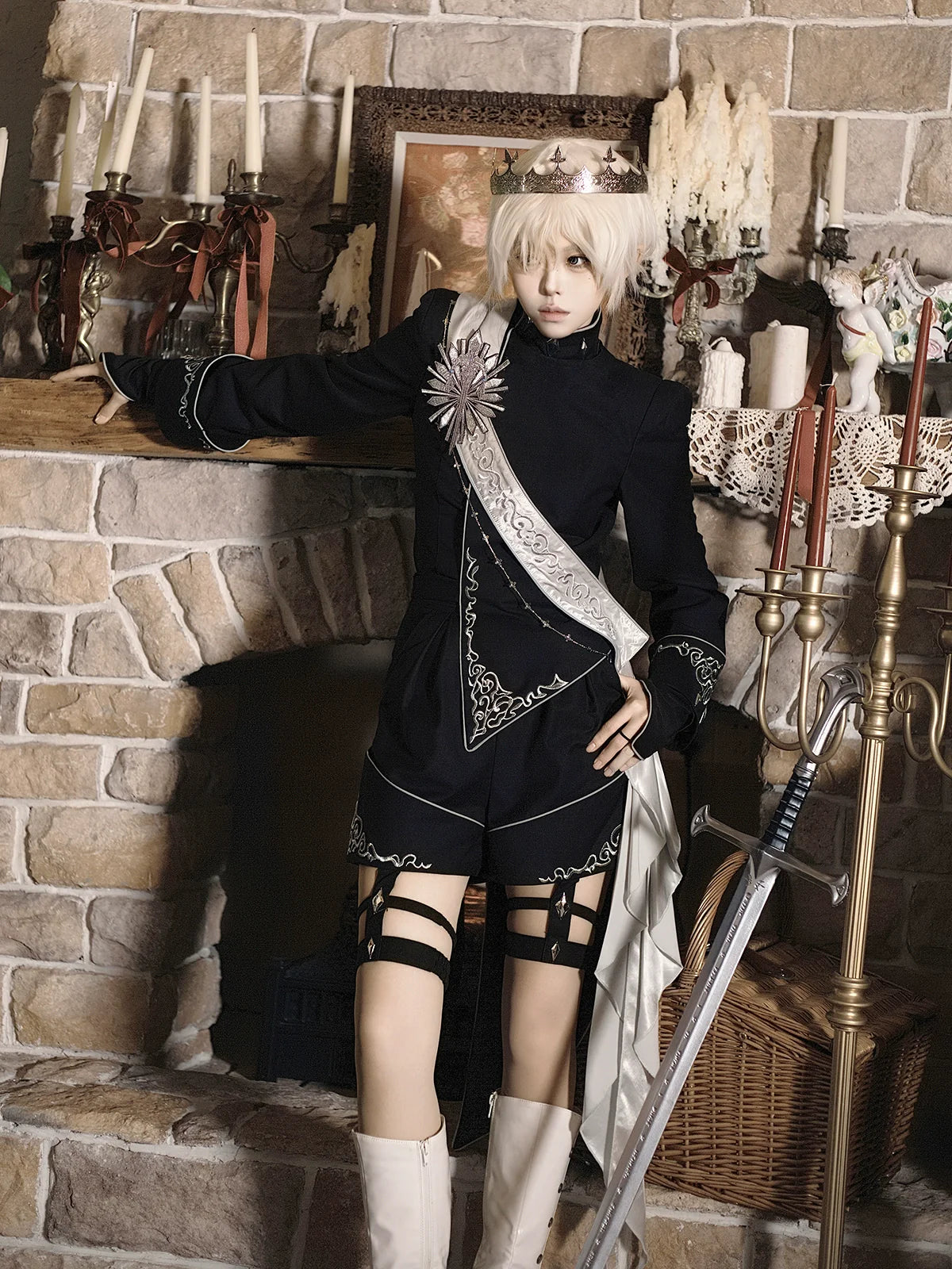 Vintage Dark Gothic Prince-style Suit with Suspenders and Shorts — Dashing and Handsome
