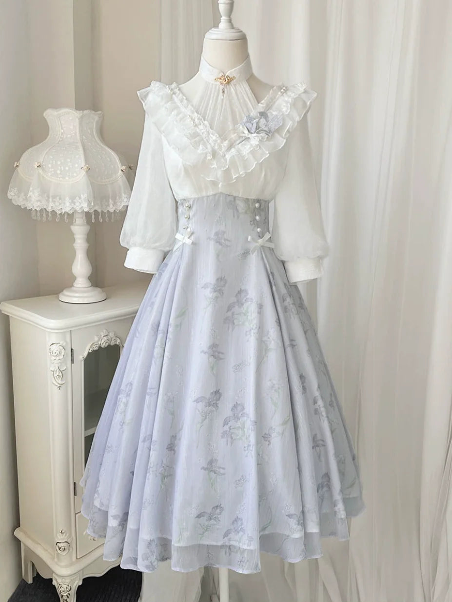 Lolita Fairy Dress! Lace Puff Sleeves + Light Blue Floral Maxi Skirt, Spring Garden Date Outfit