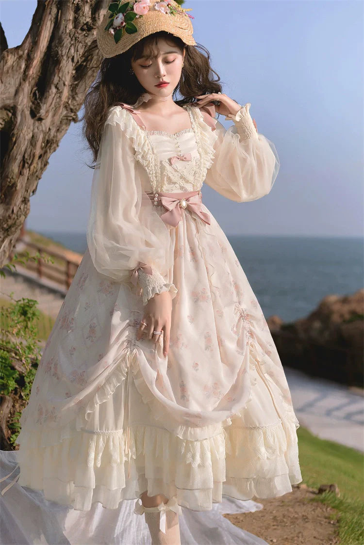Elegant Cream Lolita Dress with Floral Embroidery and Ruffled Skirt - Perfect for Tea Parties and Special Occasions