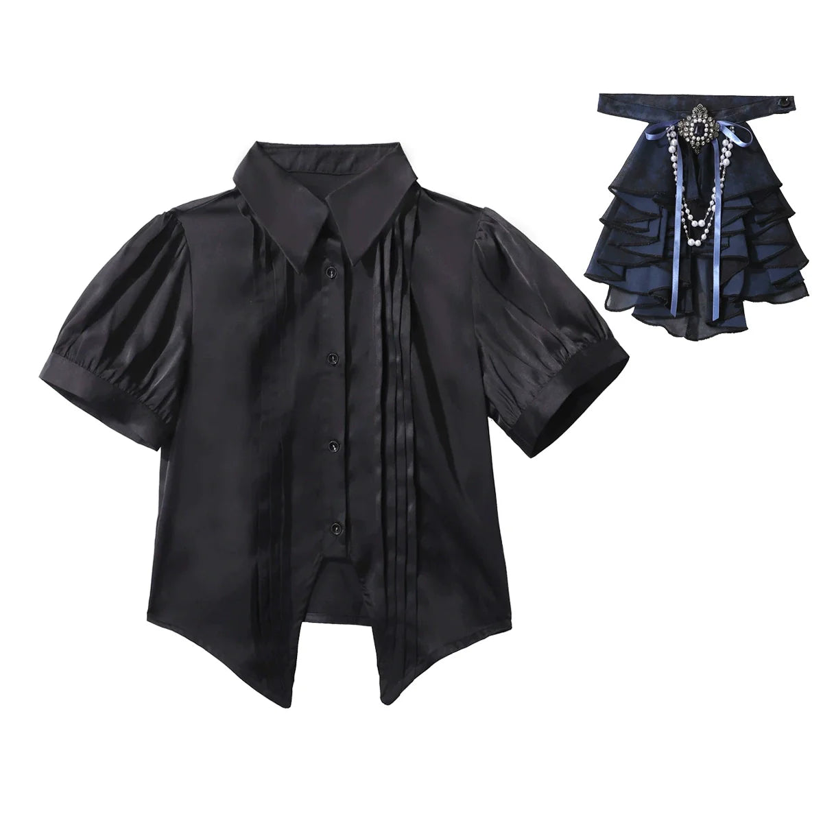 Gothic - Inspired Black and Teal Asymmetrical Long Coat with Puff Sleeves and Decorative Details