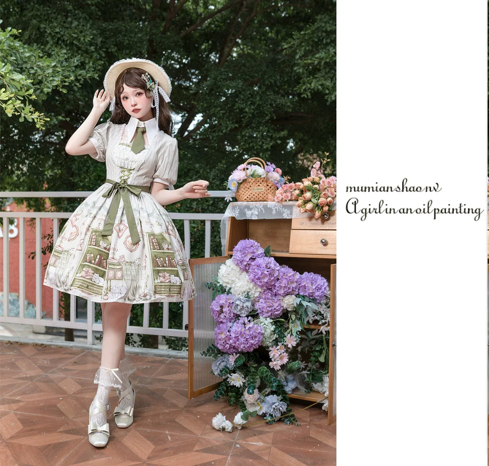 Original Enchanted Library Graceful Academy Style Short Sleeve OP Lolita Skirt