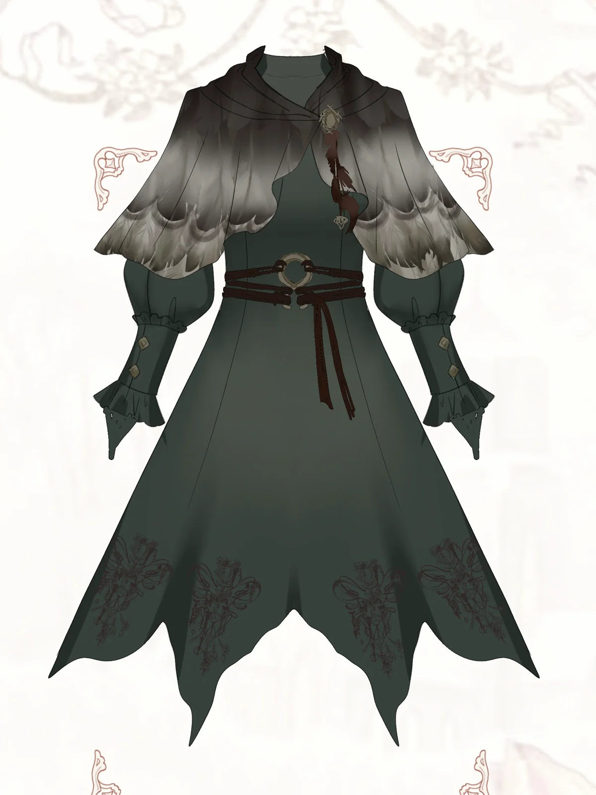 Fantasy - Style Capelet Dress with Embroidered Hem and Buckled Waist Belt