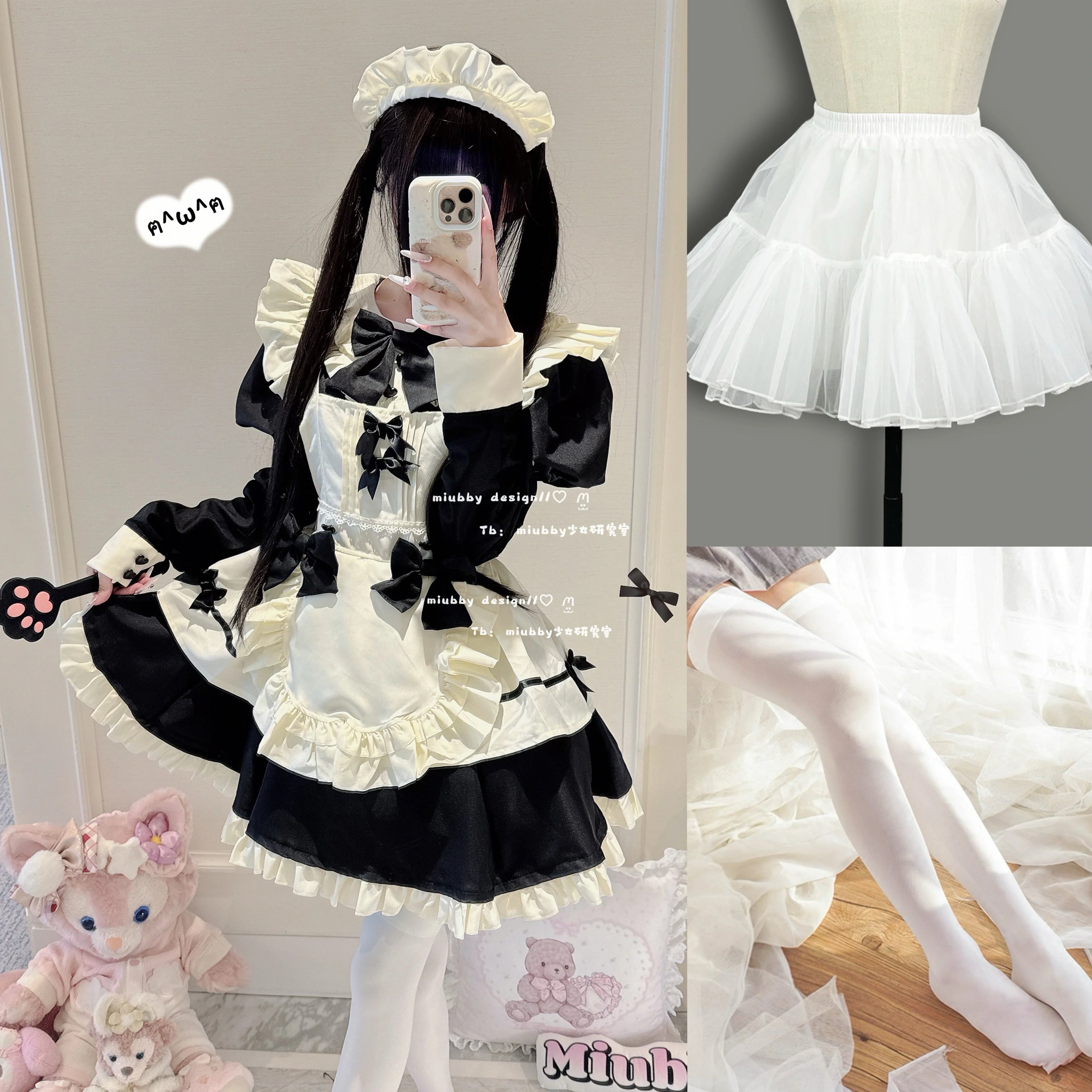 Elegant Black and White Lolita Maid Dress with Ruffled Skirt and Delicate Bows