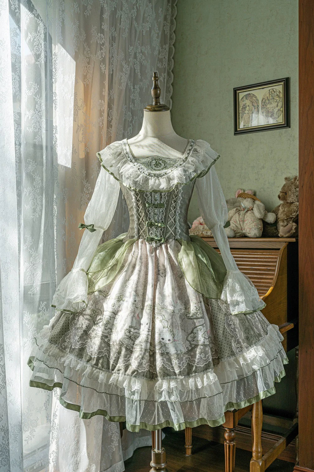 Sweet Lolita Dress - Light Green Layered Tulle Skirt with Lace & Embroidery