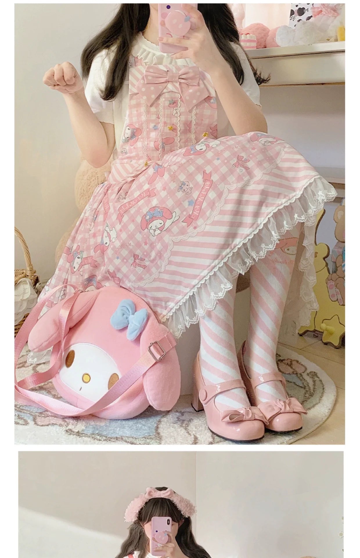 Sanrio Super Cute Sweet JSK Lolita Dress with Striped Trim & Bow