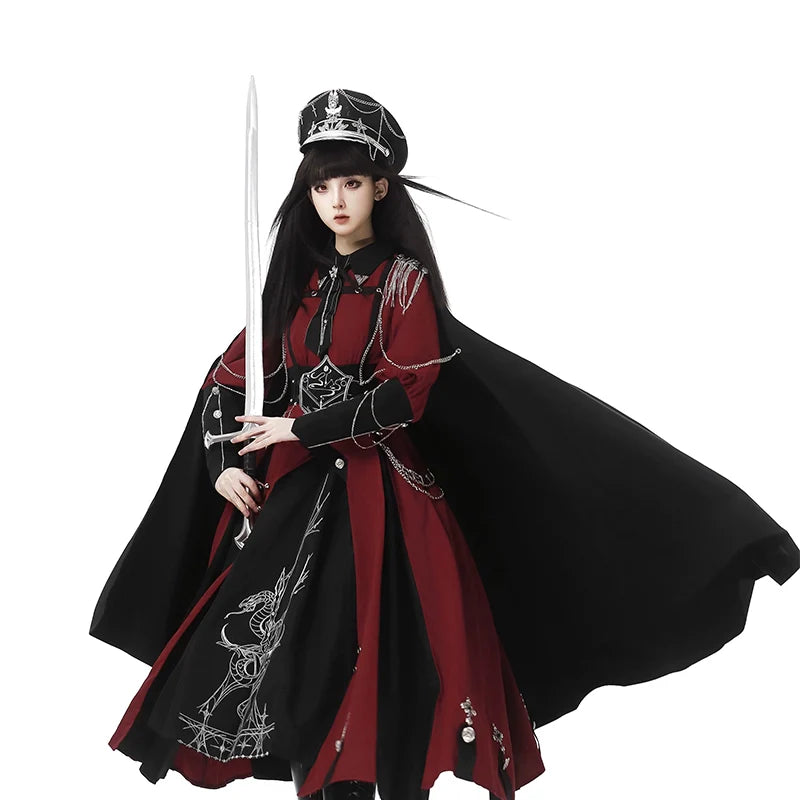 Gothic - style Long Cloak - holding Design, Embellished with Intricate Silver Patterns and Elegant Hat