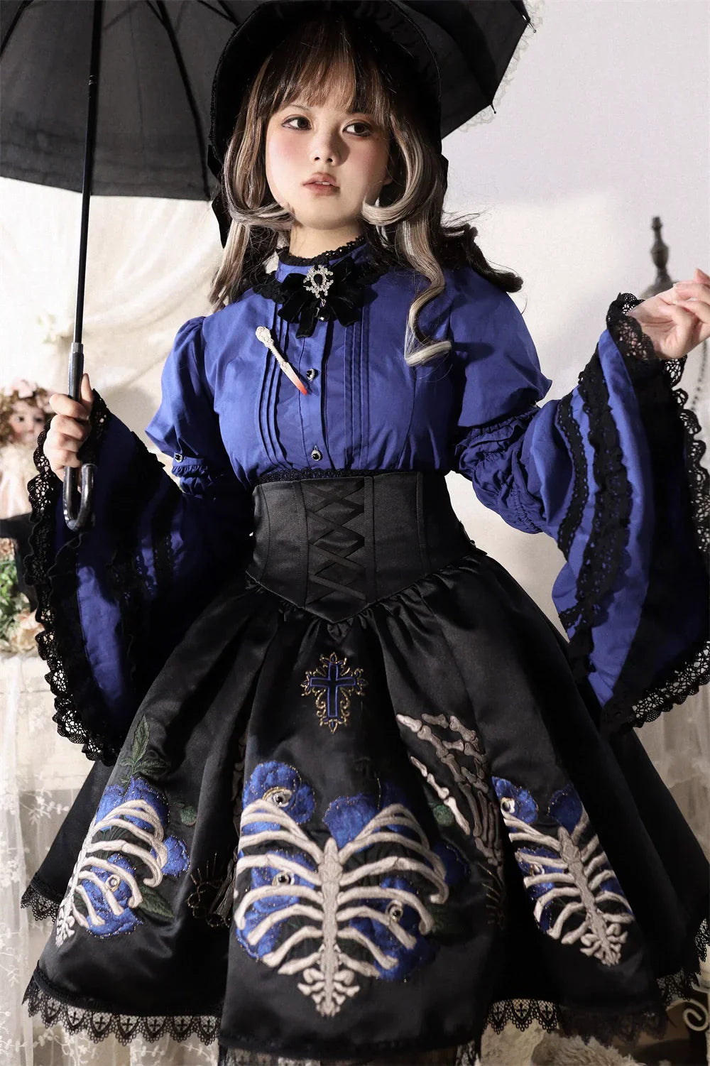 S-XL Skeleton Fishbone Skirt JSK Embroidered Beaded Dark Mysterious Dress Lolita Gown