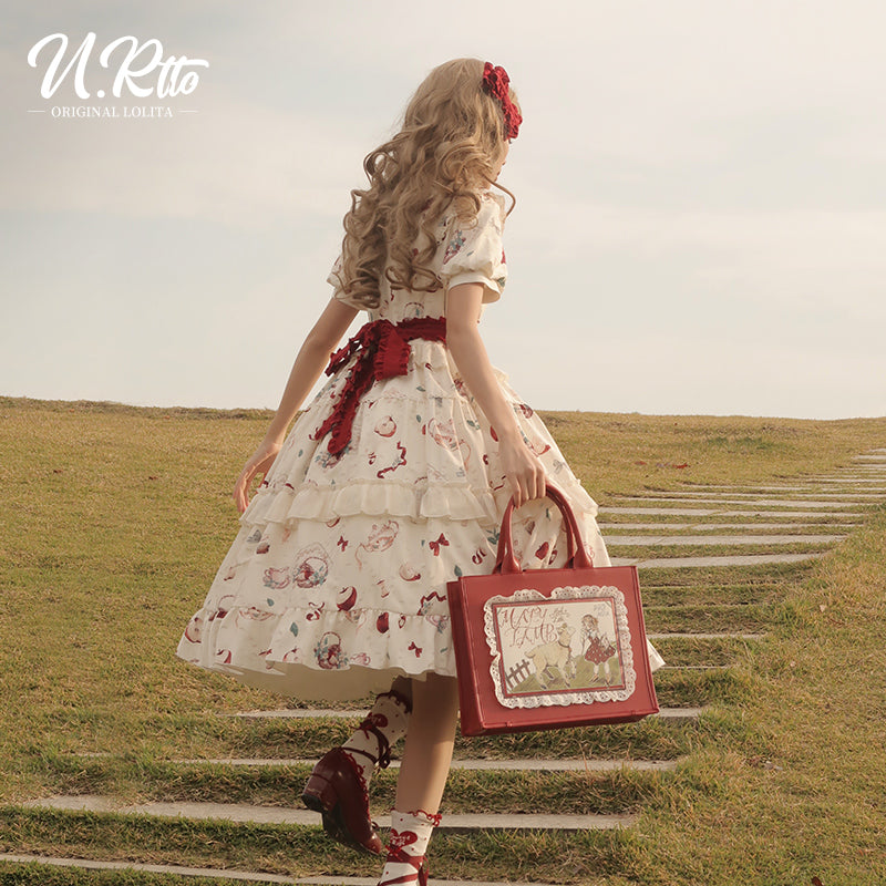 Vintage Whimsy Lolita OP - Cream Floral Pattern with Red Accents