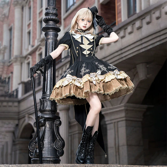 Steampunk - inspired Lolita Dress with Georgette Skirt, Elegant Bow - ties and Intricate Embroidery