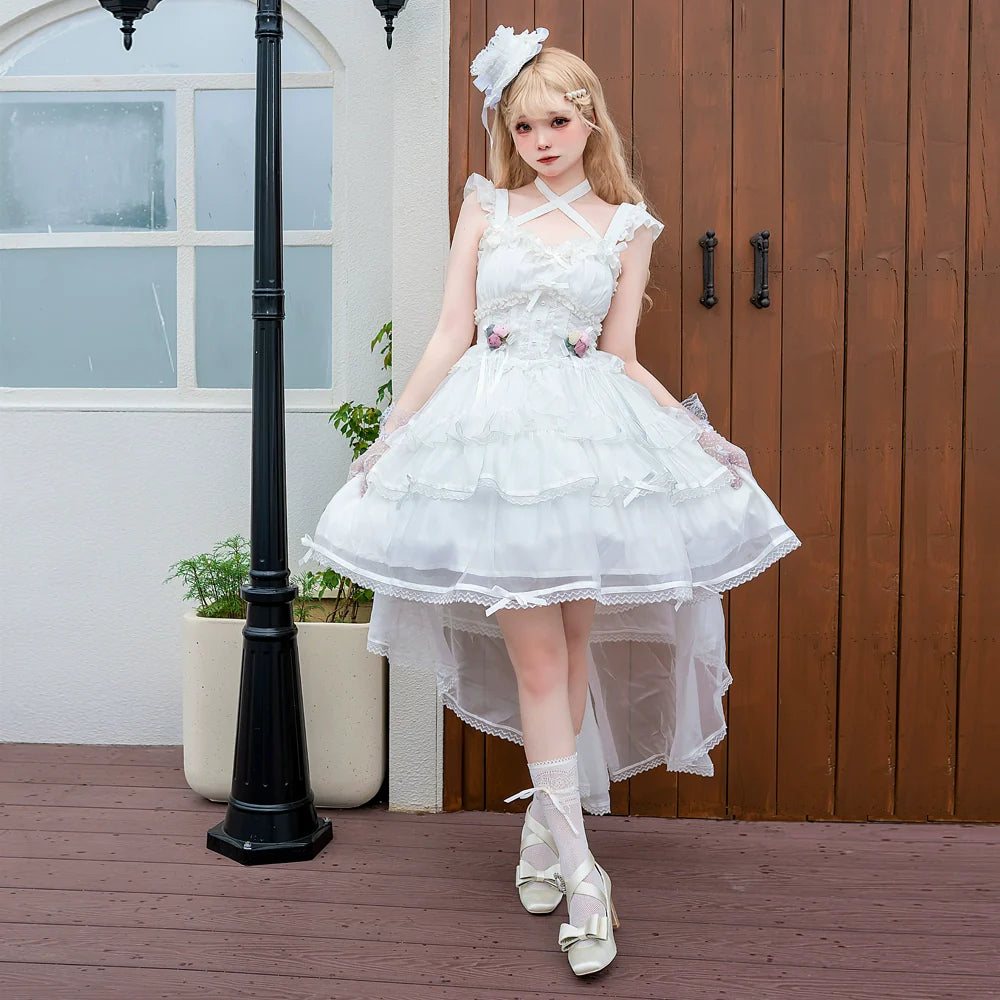 Elegant, lightweight wedding-style Lolita dress with a ballet-girl silhouette and ruffled details, inspired by cotton-candy motifs