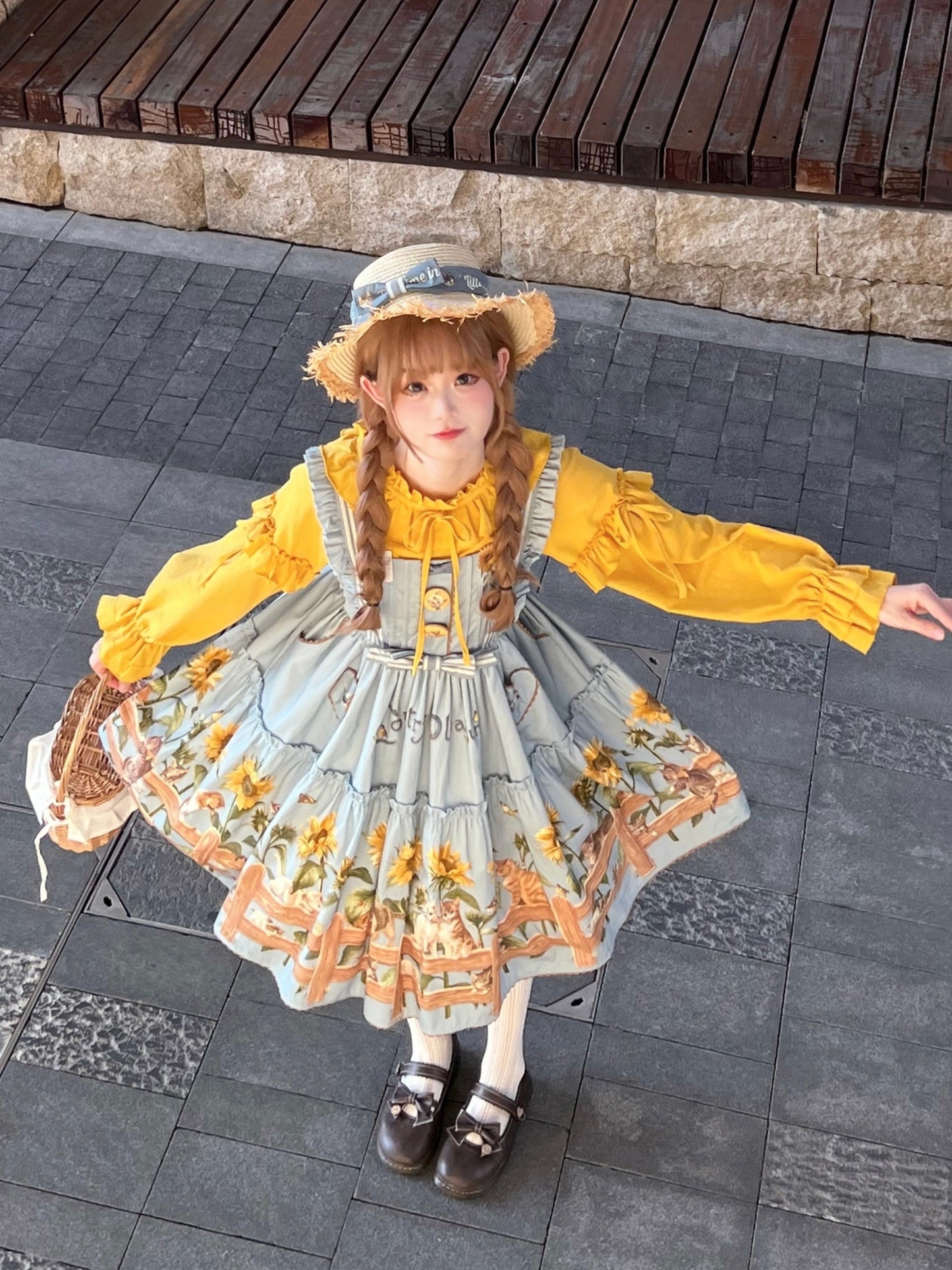 Sunflower Paradise: Cat and Sunflower JSK Lolita with a Big Skirt