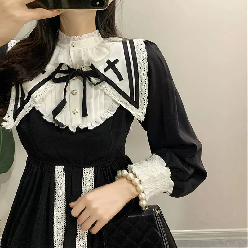 Vintage Checkered Lolita Dress with Detachable Apron - Black and White Ensemble