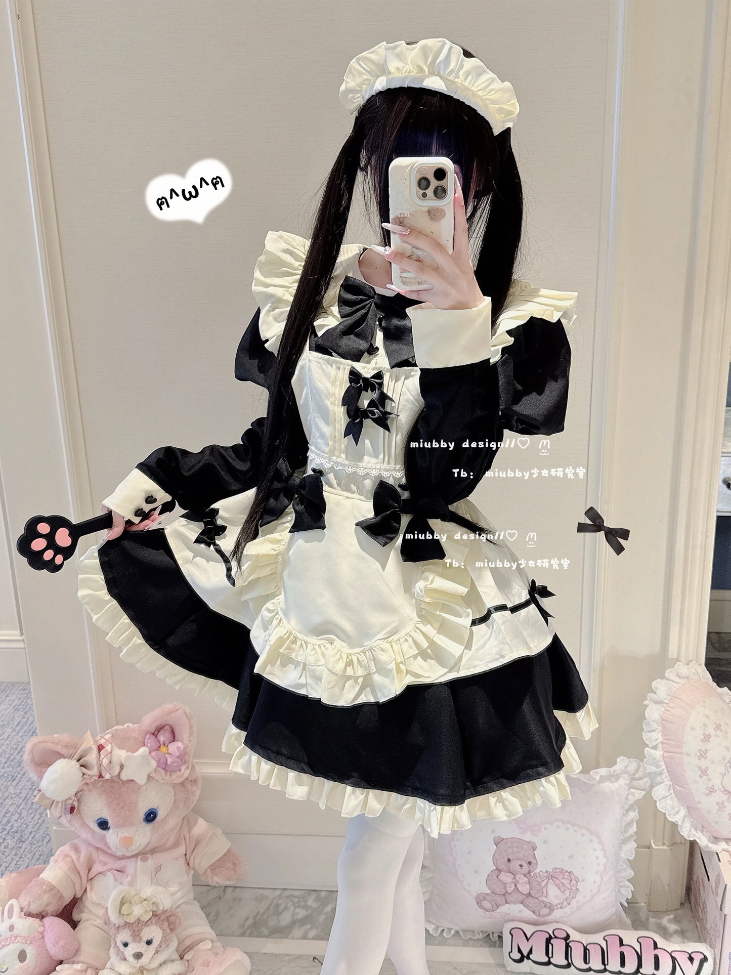 Elegant Black and White Lolita Maid Dress with Ruffled Skirt and Delicate Bows