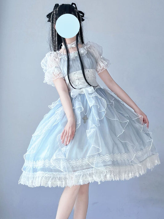 Ethereal Pastel Blue Lolita OP with Delicate Lace Accents and Adjustable Waist Ties