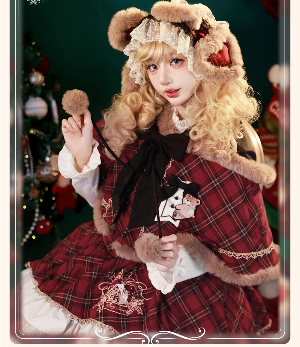 Chestnut Bear Cocoa Lolita Christmas Plaid Cloak JSK — Winter Vibe