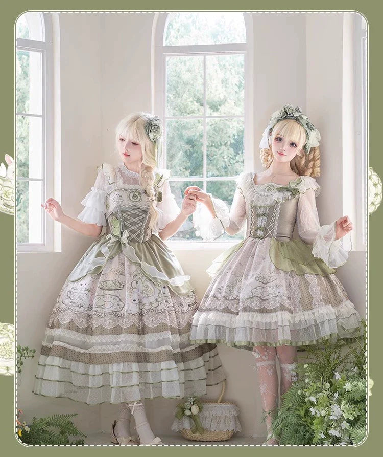 Sweet Lolita Dress - Light Green Layered Tulle Skirt with Lace & Embroidery