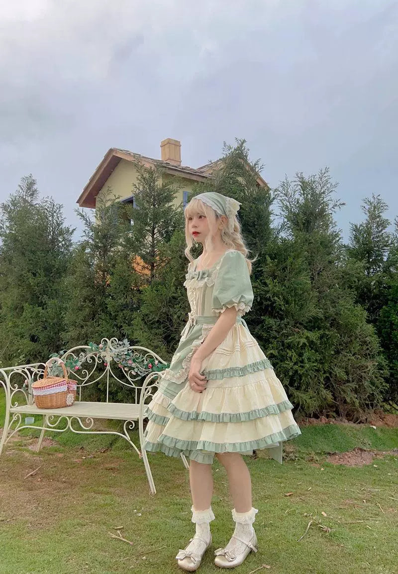 Sage Blossom Lolita Dress - Cottagecore Ruffled OP with Pastel Green Accents