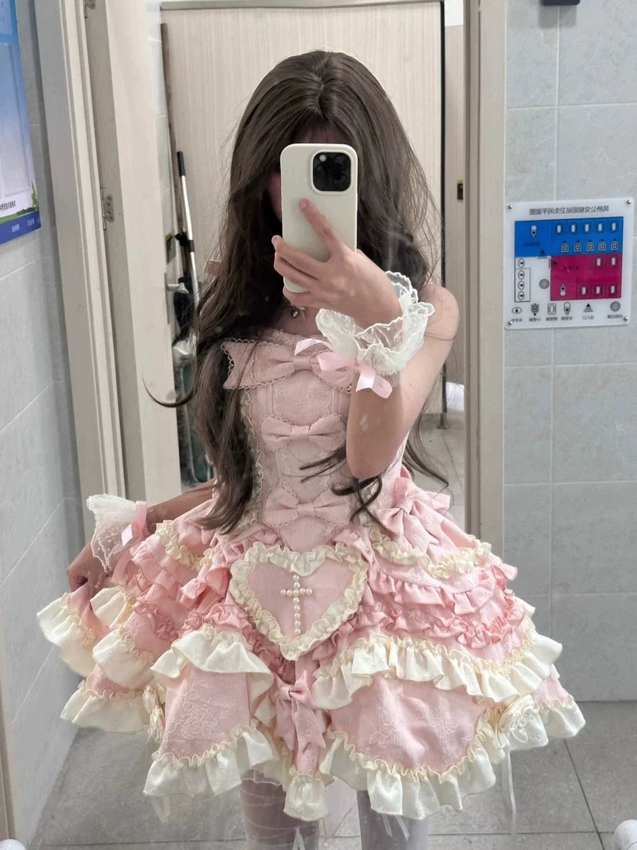 Gothic Heart of Pearls Lolita Dress - Pastel Princess JSK with Layered Ruffles and Cross Embellishments