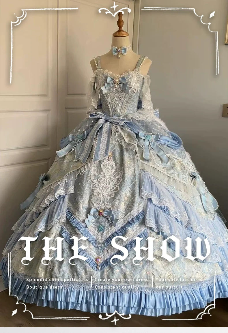 Dreamy Light - Blue Lolita Grand Ball Gown with Intricate Lace and Elegant Bow Decorations