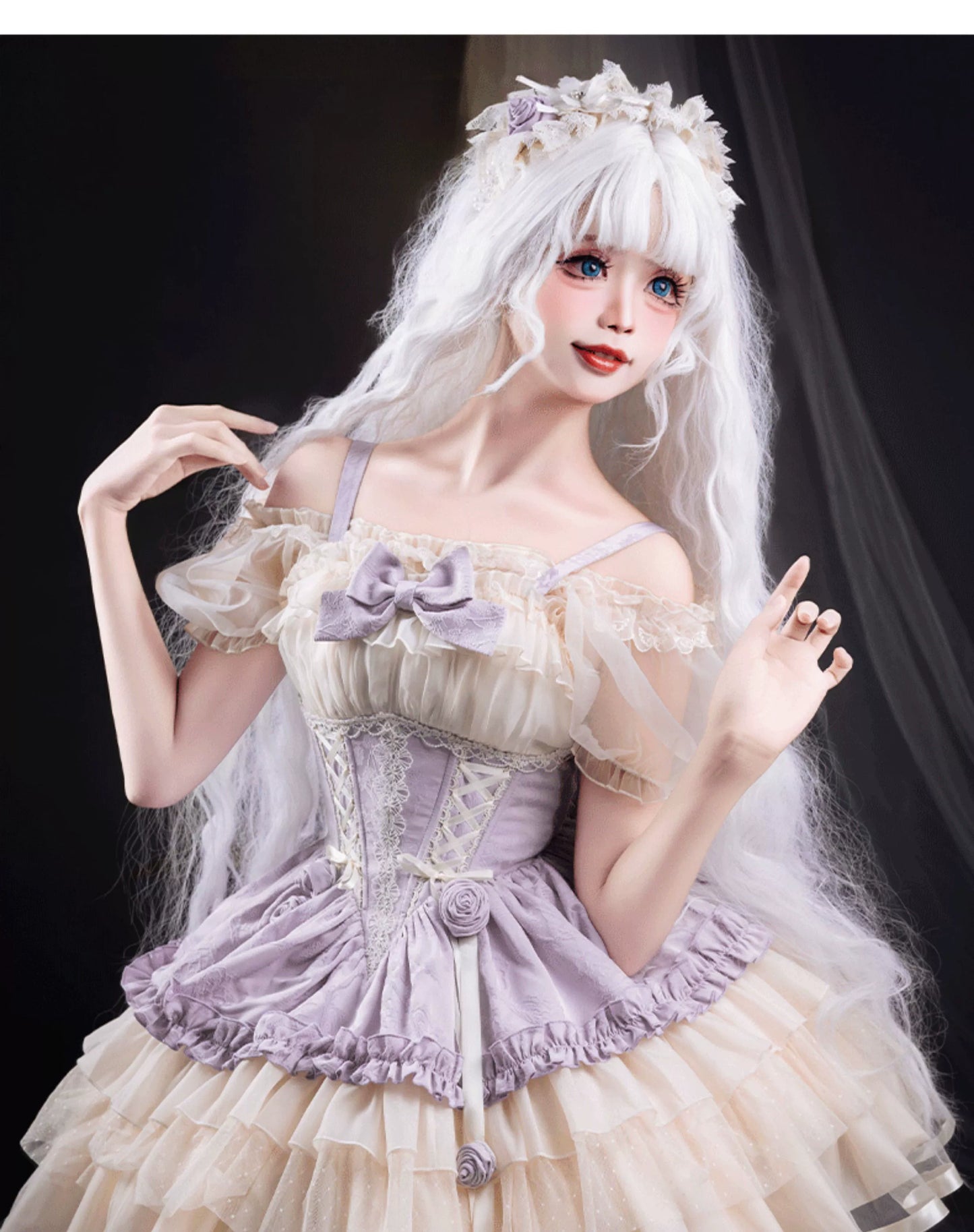 Sweet Lolita Off - the - Shoulder Dress with Tulle Skirt and Ribbon Details