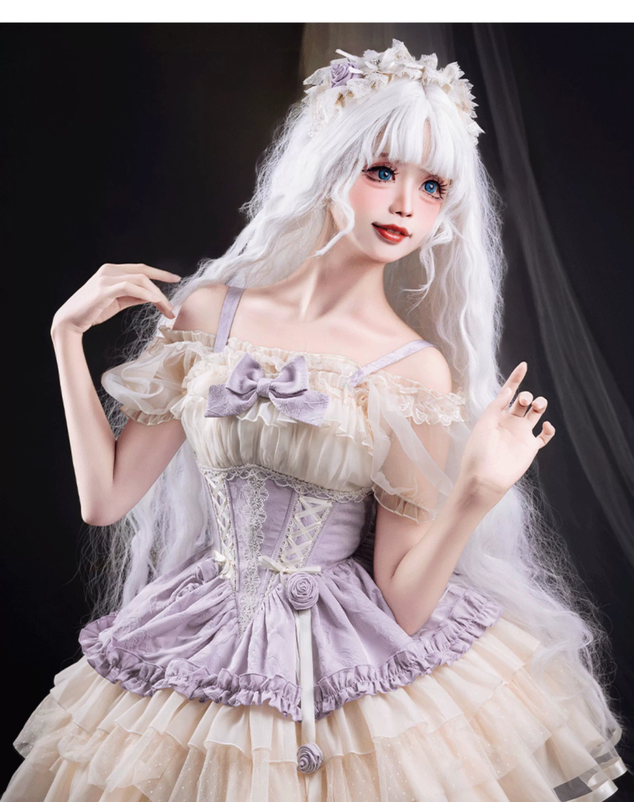 Sweet Lolita Off - the - Shoulder Dress with Tulle Skirt and Ribbon Details