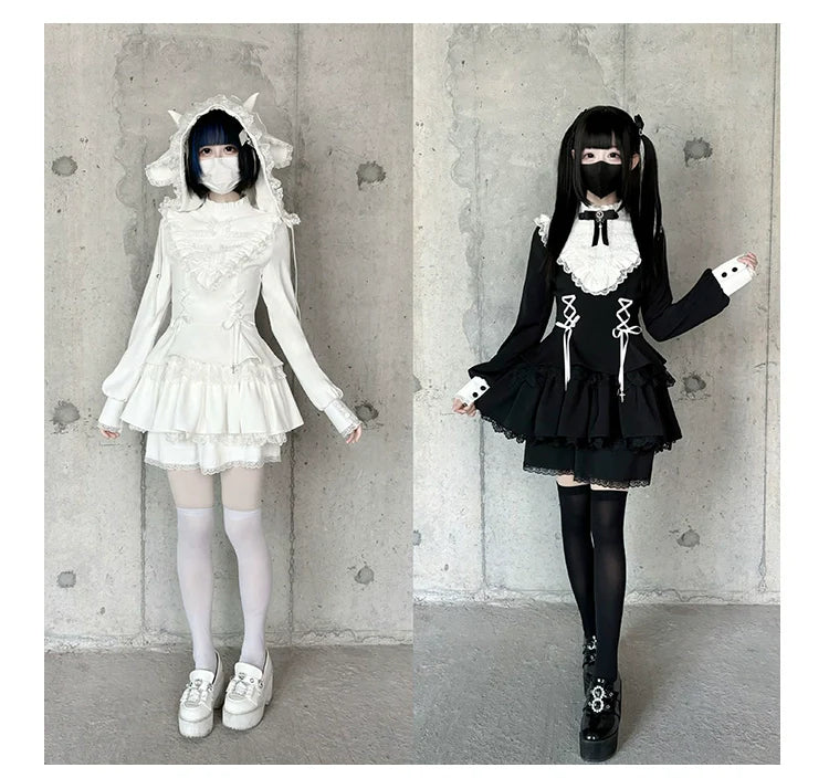 Gothic Lolita Dress with White Lace Collar, Long Sleeves and Lace - up Details