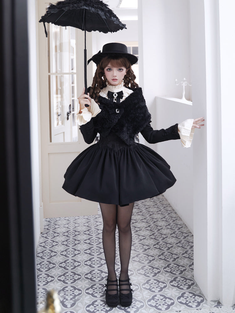 Black & Cream Whimsical Lolita Dress – Multi-Tiered Lace Skirt
