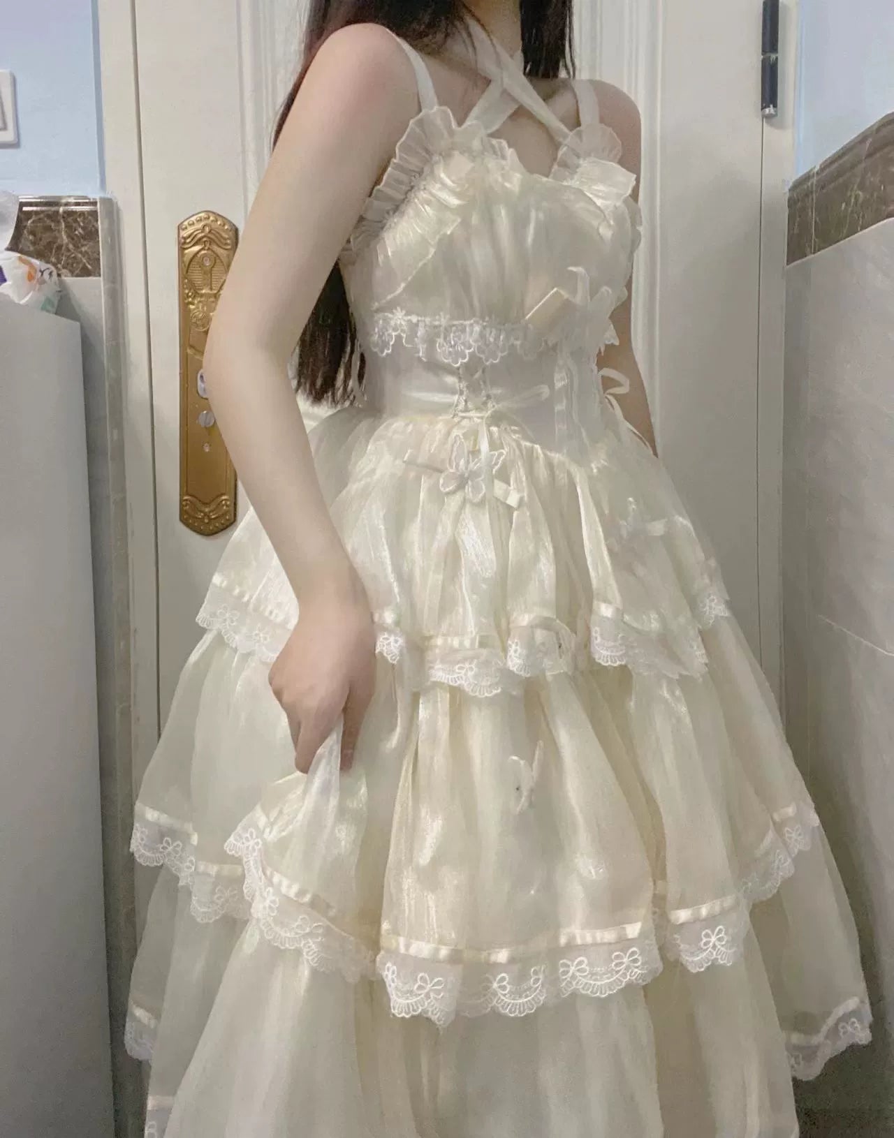 Elegant White Lolita Dress with Ruffled Skirt and Sheer Stockings - Vintage Whimsy for Every Occasion  JSK&OP