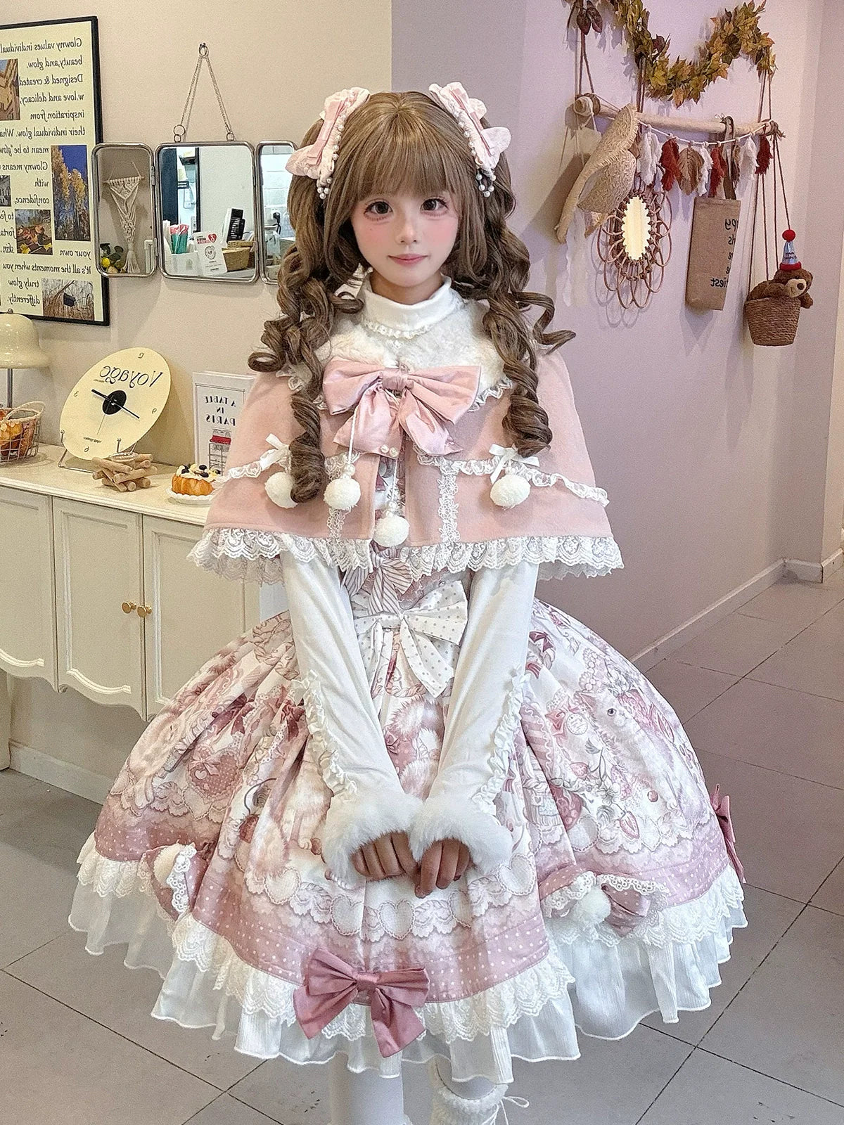 Lolita Capelette Dress Set with Bow - detail and Lace Trim, Pastel Pink and White Color Scheme