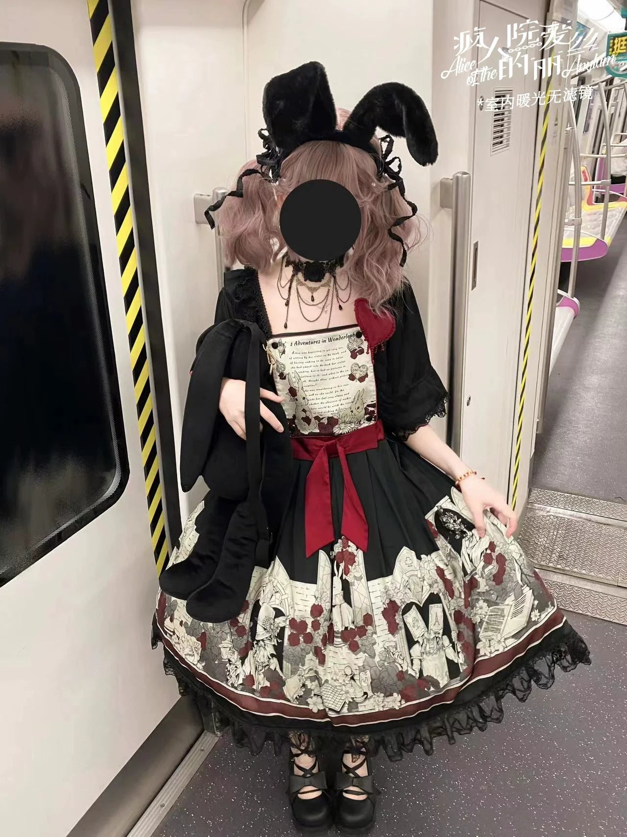 Dark Wonderland Asylum Lolita Dress - Gothic OP with Velvet Ribbon and Eerie Storybook Print