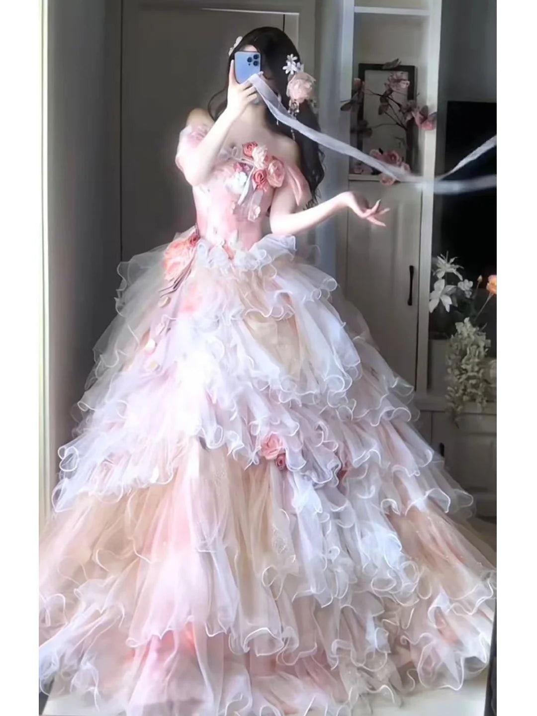 Elegant Formal Dress for Graduation, Coming-of-Age Ceremony, or Princess Wedding with Sweet Floral Bridal Style