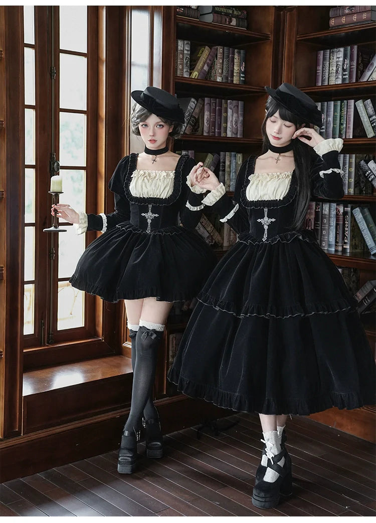 Square Neck Waist Boned Velvet OP Lolita (Gemini Winter Collection)
