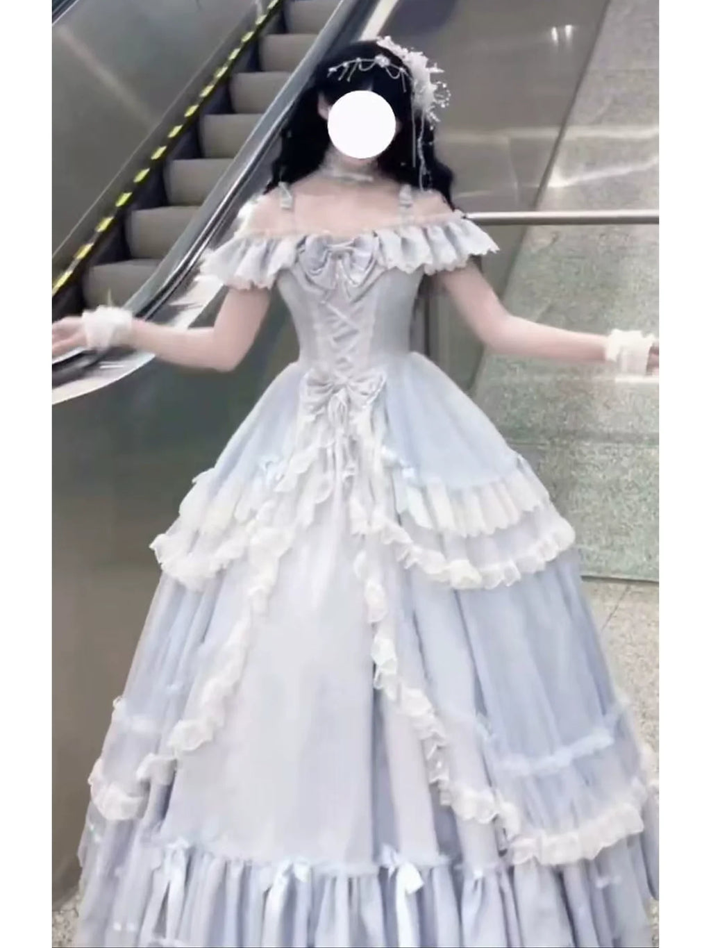 Elegant Light - Blue Off - the - Shoulder Lolita Dress: Ruffled and Bow - adorned