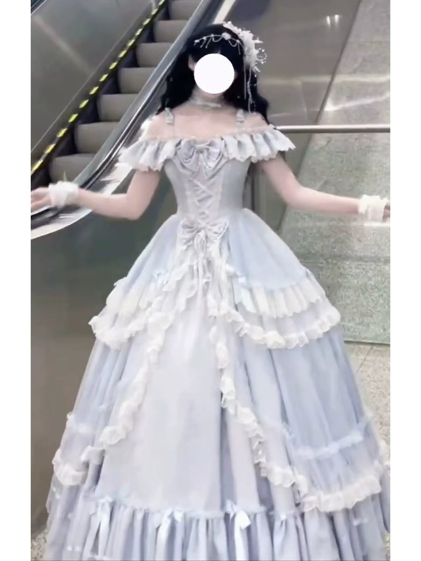 Elegant Light - Blue Off - the - Shoulder Lolita Dress: Ruffled and Bow - adorned