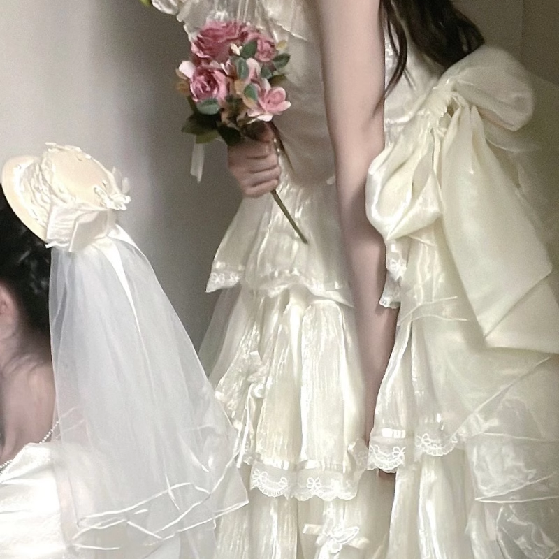 Elegant White Lolita Dress with Ruffled Skirt and Sheer Stockings - Vintage Whimsy for Every Occasion  JSK&OP