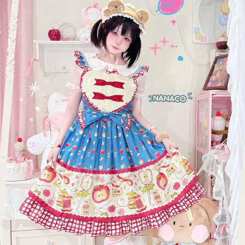 Apple Seamstress Lolita JSK – Heart Bib Sweet Style Dress with Gingham Accents