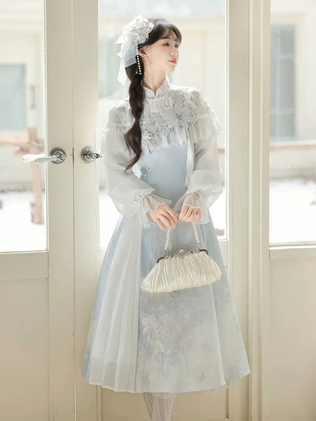 Light - blue Traditional Chinese - style Dress with Delicate Floral Embroidery and Sheer Sleeves