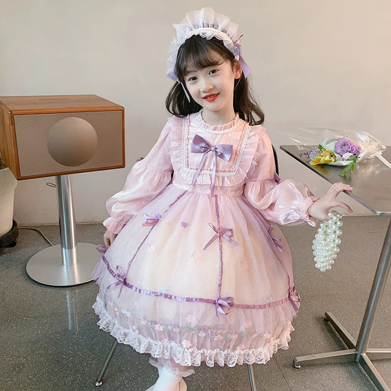 Charming Pastel Pink Lolita Dress with Purple Accents for Girls - Spring and Autumn Collection