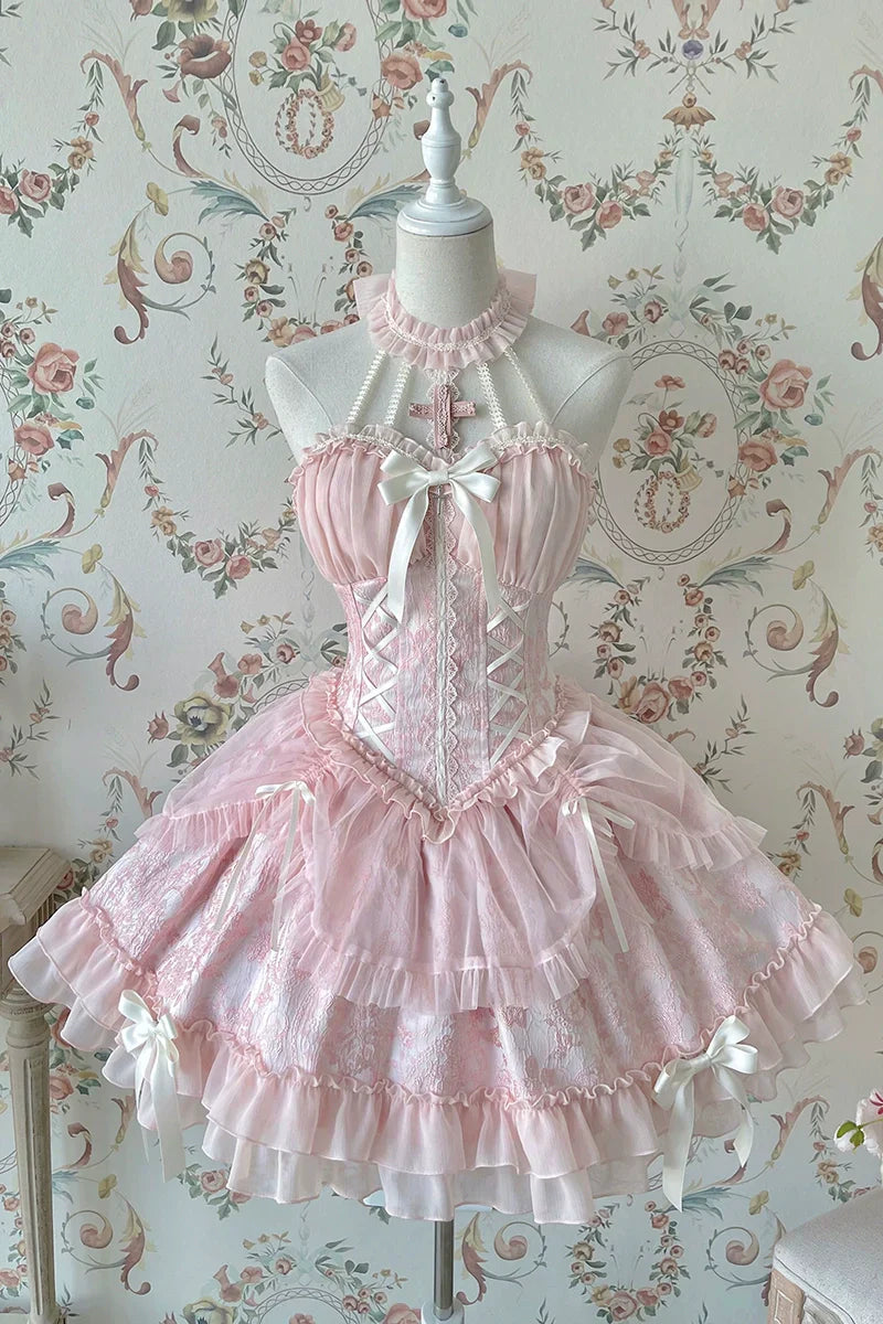 Fairy-Tale Ballet Doll Lolita Halter Dress with Corset Lace-Up and Ruffled Layers – Available in 8 Colors
