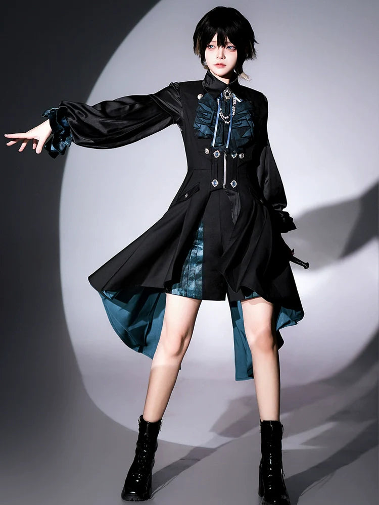 Gothic - Inspired Black and Teal Asymmetrical Long Coat with Puff Sleeves and Decorative Details